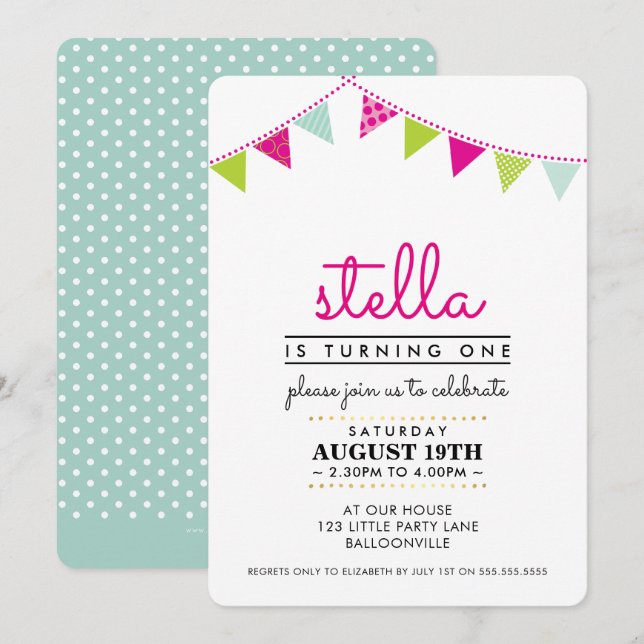 Invitación CUTE BUNTING fiesta DE 1º cumpleaños INVITAR menta (Anverso / Reverso)