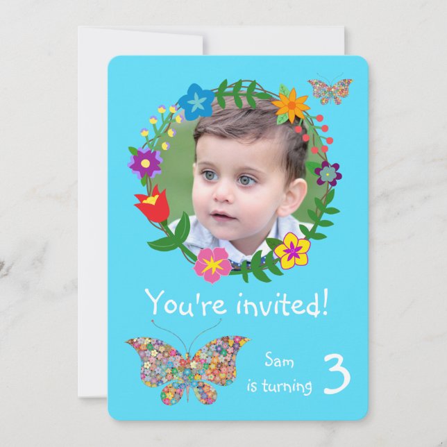 Invitación Cute Butterfly Flowers Boys Fiesta de Cumpleaños (Anverso)