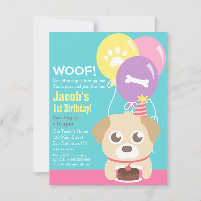 Invitación Cute cachorro perro con temas de niños Fiesta de c (Anverso)