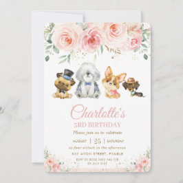 Invitación Cute cachorros Perros Chica Floral Rosa Rubor Cump