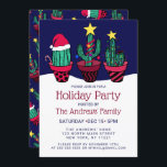 Invitación Cute Cactus Árbol de Navidad Iluminación festivida<br><div class="desc">Esta encantadora, artística y divertida invitación a las fiestas de Navidades es perfecta para el evento festivo y alegre. Cuenta con un ilustracion de cactus decorados a mano, rojo, verde, negro y multicolor, que incluye guirnaldas, luces, adornos, bastón de caramelo, estrellas de tocador y un gorra de Santa Claus sobre...</div>