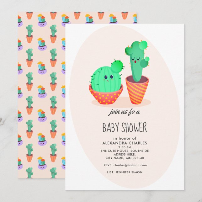 Invitación Cute Cactus Baby Shower (Anverso / Reverso)