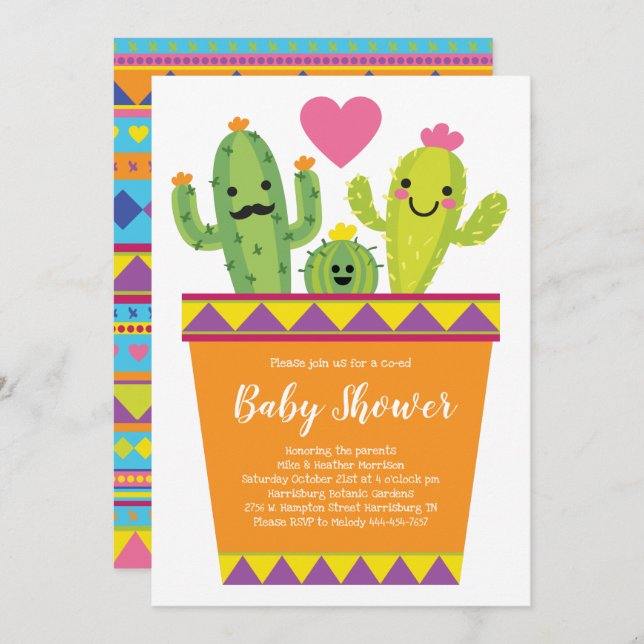 Invitación Cute Cactus Baby Shower Colorful Southwestern (Anverso / Reverso)