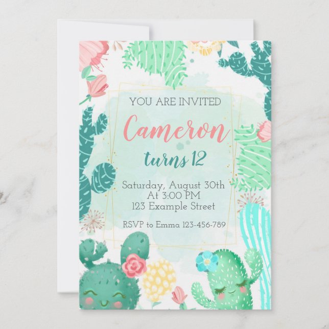 Invitación Cute Cactus Birthday Invitation (Anverso)