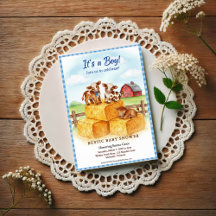 Cute Calf Baby Shower Gingham Hay Invitation