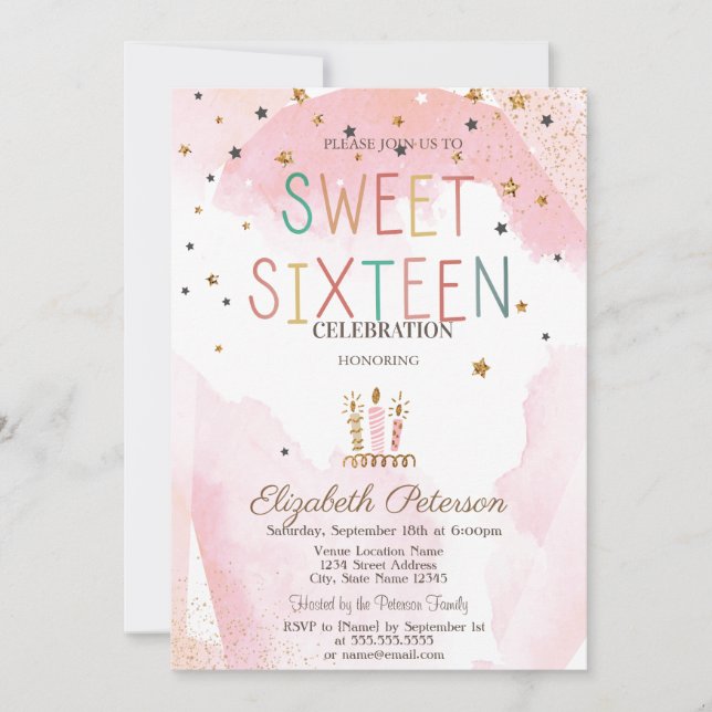 Invitación Cute Candles Stars Colorful Sweet 16 (Anverso)