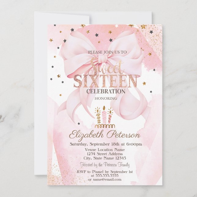 Invitación Cute Candles Stars Pink Bow Sweet 16  (Anverso)