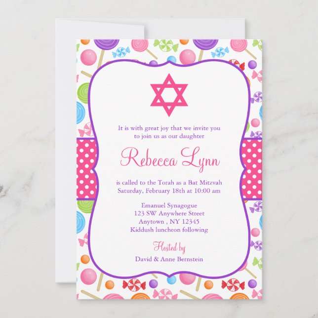 Invitación Cute Candy Bat Mitzvah (Anverso)