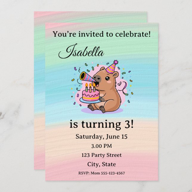 Invitación Cute Capybara Birthday Invitation Editable  (Anverso / Reverso)