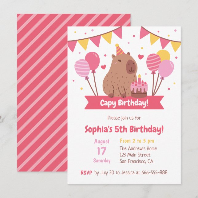 Invitación Cute Capybara Con Tarta De Cumpleaños Cumpleaños D (Anverso / Reverso)