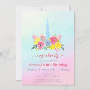 Invitación Cute cara de unicornio con flores chica cumpleaños