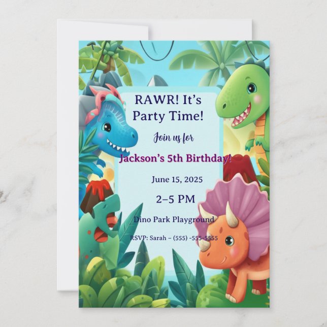 Invitación Cute Cartoon Dinosaur "RAWR! It's Party Time!" Boy (Anverso)
