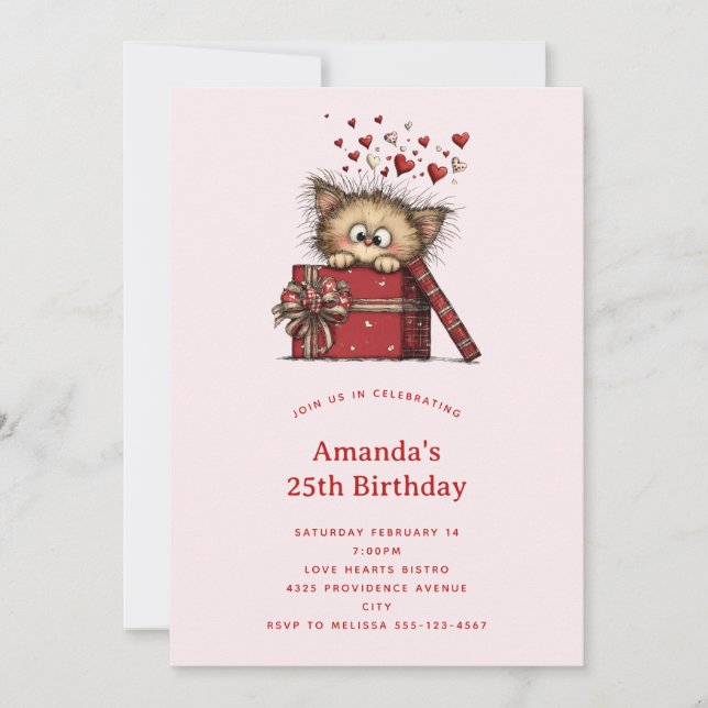Invitación Cute Cartoon Kitten in a Box with Hearts Birthday (Anverso)