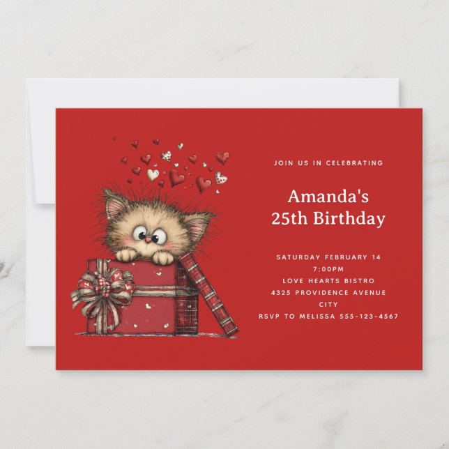 Invitación Cute Cartoon Kitten in a Box with Hearts Birthday (Anverso)