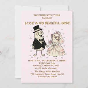 Invitación Cute Cartoon Loop Character Whimsical Pink Wedding
