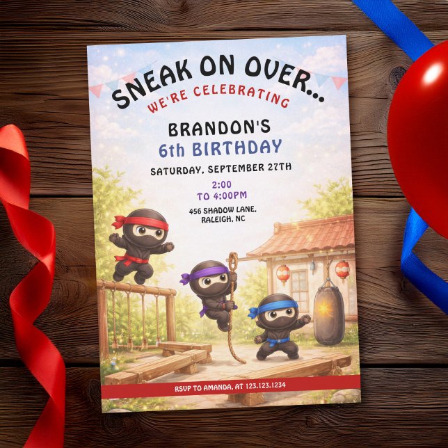 Invitación Cute Cartoon Three Training Ninjas Kids Birthday (Subido por el creador)