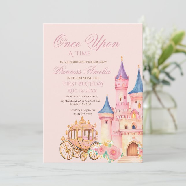 Invitación Cute Castle Princess 1er Chica Cumpleaños (Anverso de pie)