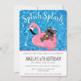 Invitación Cute Cat Flamingo Kids Birthday Pool Party