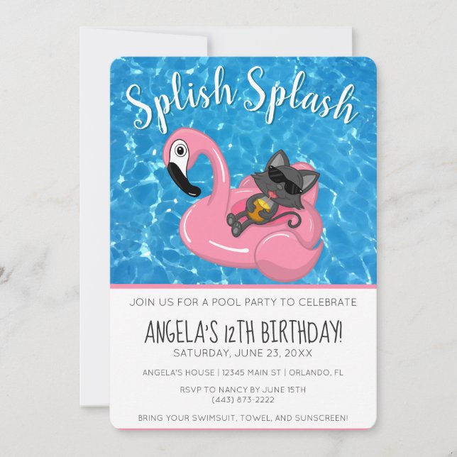 Invitación Cute Cat Flamingo Kids Birthday Pool Party (Anverso)