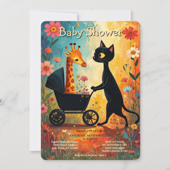Invitación Cute Cat Giraffe Baby Shower Invitation (Anverso)