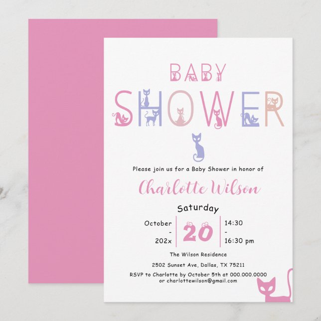 Invitación Cute Cat Pastel Color Baby Shower (Anverso / Reverso)