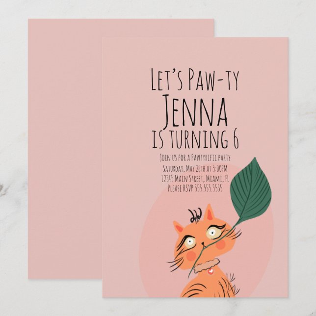 Invitación Cute Cat PlanT fiesta de cumpleaños Black Pink (Anverso / Reverso)