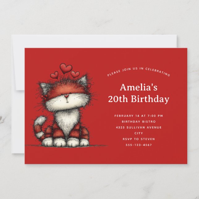 Invitación Cute Cat with Red Love Hearts Birthday (Anverso)