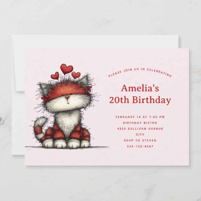 Invitación Cute Cat with Red Love Hearts Birthday (Anverso)