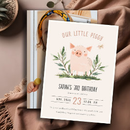Invitación Cute Cerdito Rubor Niños Granja Cerdo Foto Cumplea