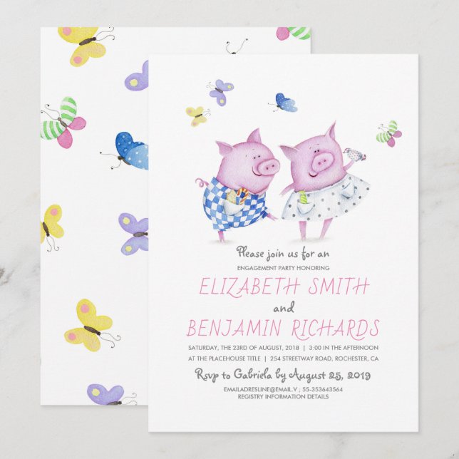 Invitación Cute Cerdos Pareja Dulce Partido de Compromiso (Anverso / Reverso)