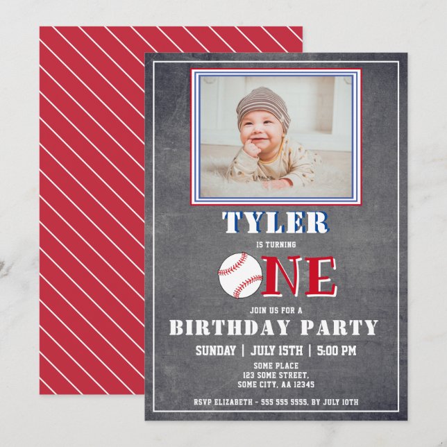 Invitación Cute Chalkboard Baseball Photo 1er cumpleaños (Anverso / Reverso)