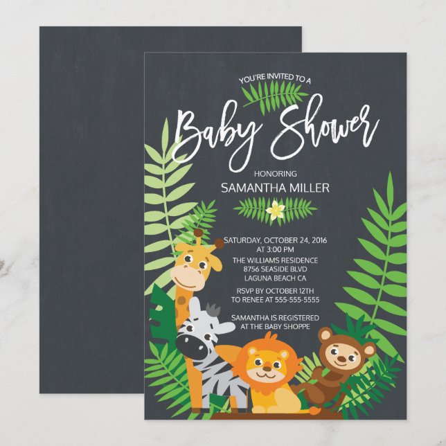 Invitación Cute Chalkboard Jungle Safari Baby Shower (Anverso / Reverso)