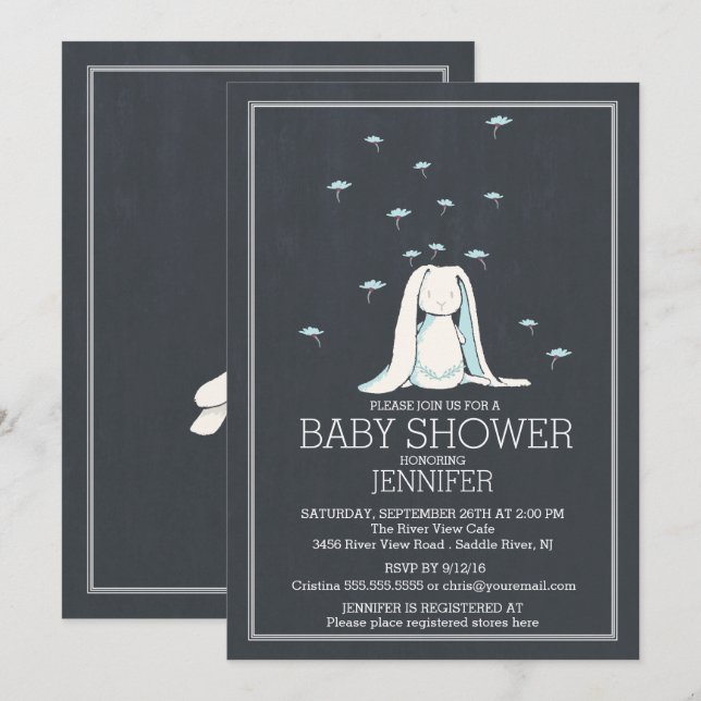 Invitación Cute Chalkboard Sweet Blue Boys Bunny Baby Shower (Anverso / Reverso)