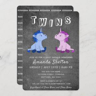 Invitación Cute Chalkboard Unicorn Chica gemelos Baby Shower