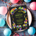 Invitación Cute Chameleons Colorful Kids Fiesta de cumpleaños<br><div class="desc">Lleve una divertida fiesta de cumpleaños con un tema de camaleones salvajes o reptil. Estas invitaciones para fiestas son perfectas para las fiestas de cumpleaños de los niños y cuentan con bonitos ilustraciones personalizados de camaleones en colores vivos y brillantes colocados sobre un fondo negro. Los detalles de su fiesta...</div>