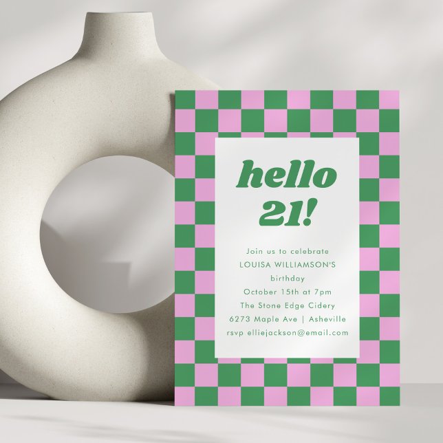 Invitación Cute Checkerboard Pink Green 21st Birthday Fiesta (Subido por el creador)