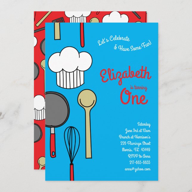 Invitación Cute Chef Cocinando Niños Primer Fiesta de Cumplea (Anverso / Reverso)