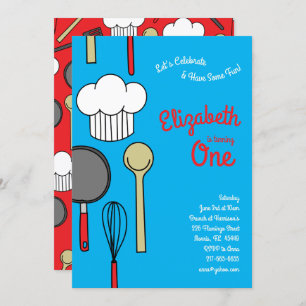 Invitación Cute Chef Cocinando Niños Primer Fiesta de Cumplea