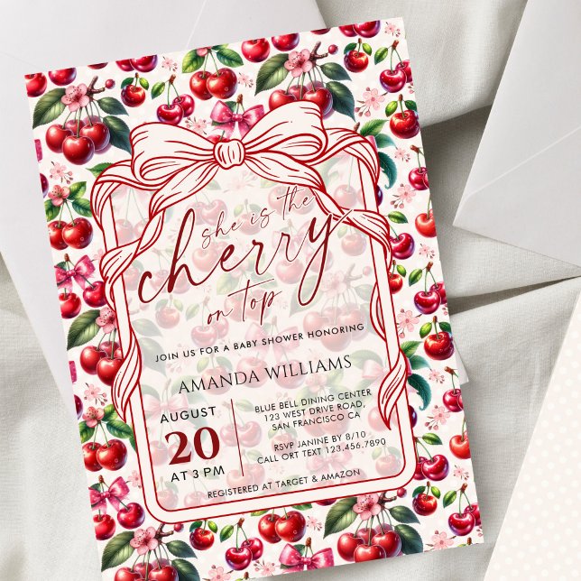 Invitación Cute Cherry Bow Themed Baby Shower Invitation (Subido por el creador)
