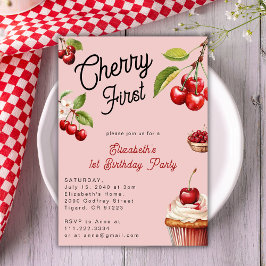 Invitación Cute Cherry First Girly Cumpleaños Rosa