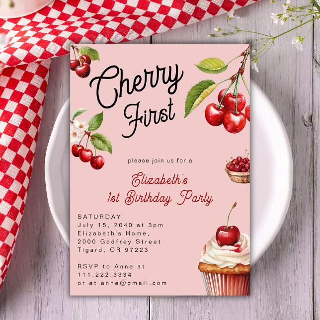 Invitación Cute Cherry First Girly Cumpleaños Rosa (Subido por el creador)