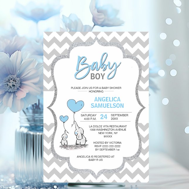 Invitación Cute Chevron Blue Gray Elephant Baby Shower BOY (Cute Chevron Blue Grey Elephant Baby Shower BOY Invitation)