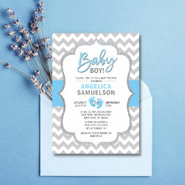 Invitación Cute Chevron Blue Gray Feet Baby Shower BOY