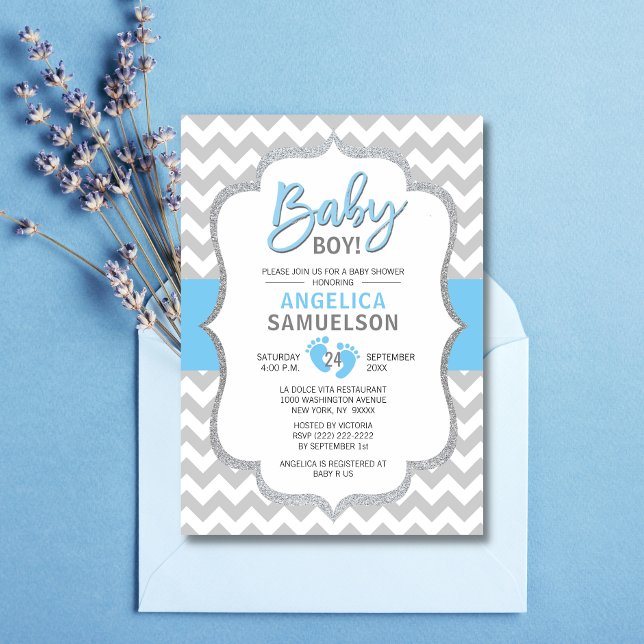 Invitación Cute Chevron Blue Gray Feet Baby Shower BOY (Subido por el creador)