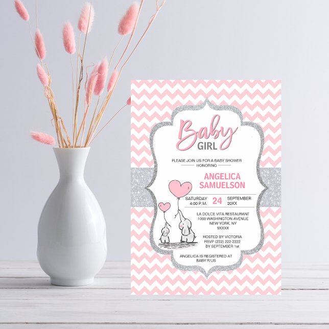Invitación Cute Chevron Pink Grey Elephant Baby Shower CHICA (Subido por el creador)