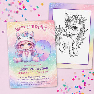 Invitación Cute Chibi Chica Unicorn Novena fiesta de cumpleañ