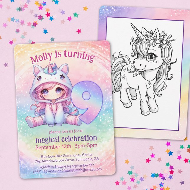 Invitación Cute Chibi Chica Unicorn Novena fiesta de cumpleañ (Subido por el creador)