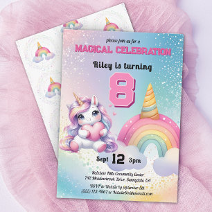Invitación Cute Chibi Fiesta de cumpleaños de arco iris de Un