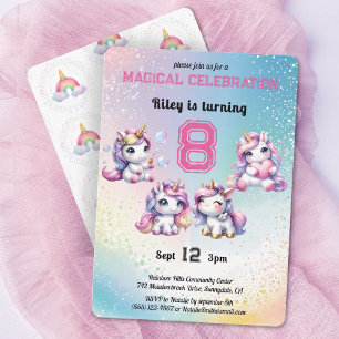 Invitación Cute Chibi Unicorn cualquier fiesta de cumpleaños 