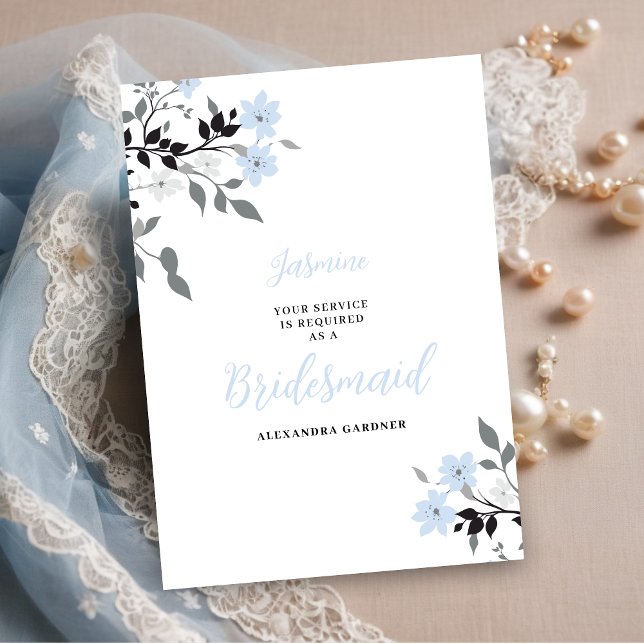 Invitación Cute Chic Blue Floral Bunch Wedding Bridesmaid (Exquisite Sophisticated Pale Blue Floral Bunch Wedding Bridesmaid Proposal Card.)